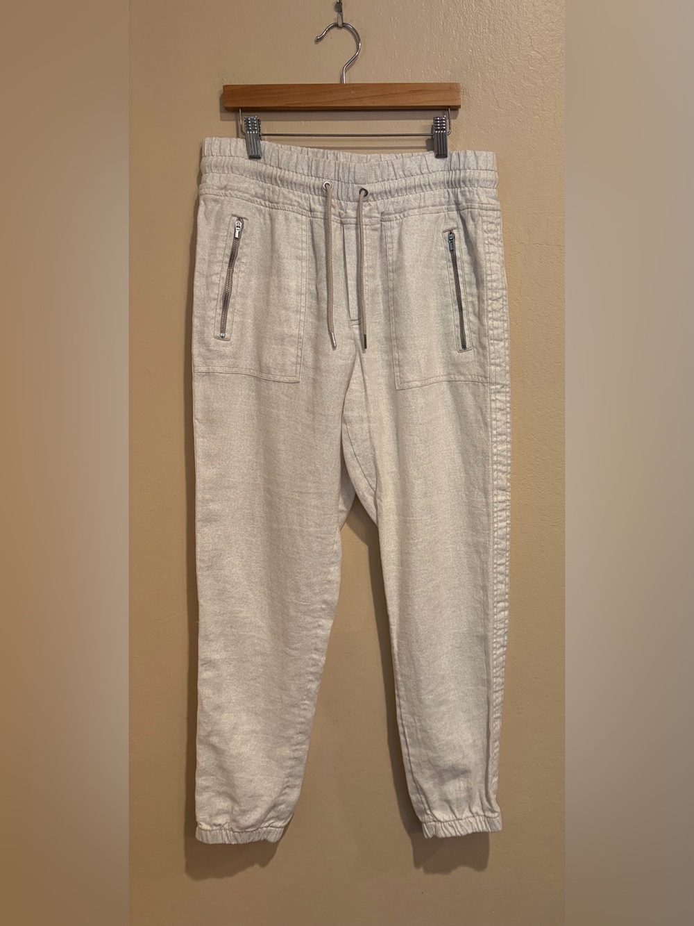 Athleta Oatmeal 100% Linen Drawstring Joggers, Zip Pockets, Size 6